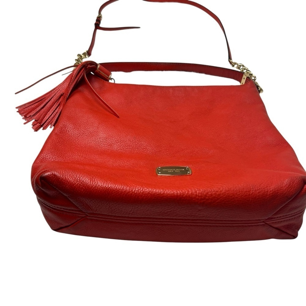 Michael Kors Hobo Bag Orange Red Soft Pebbled Leather with Tassel Large 2 Straps - Picture 7 of 15